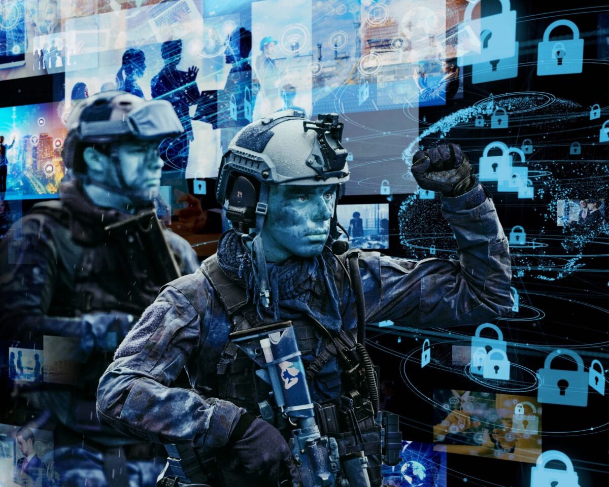 Soldiers overlaid across an image of digital screens, a globe and padlocks