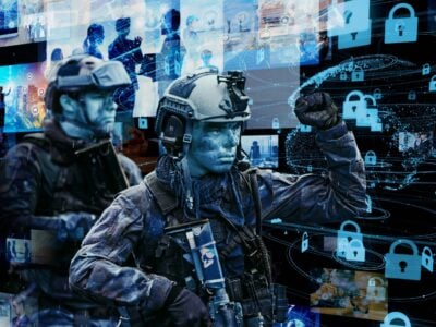 Soldiers overlaid across an image of digital screens, a globe and padlocks