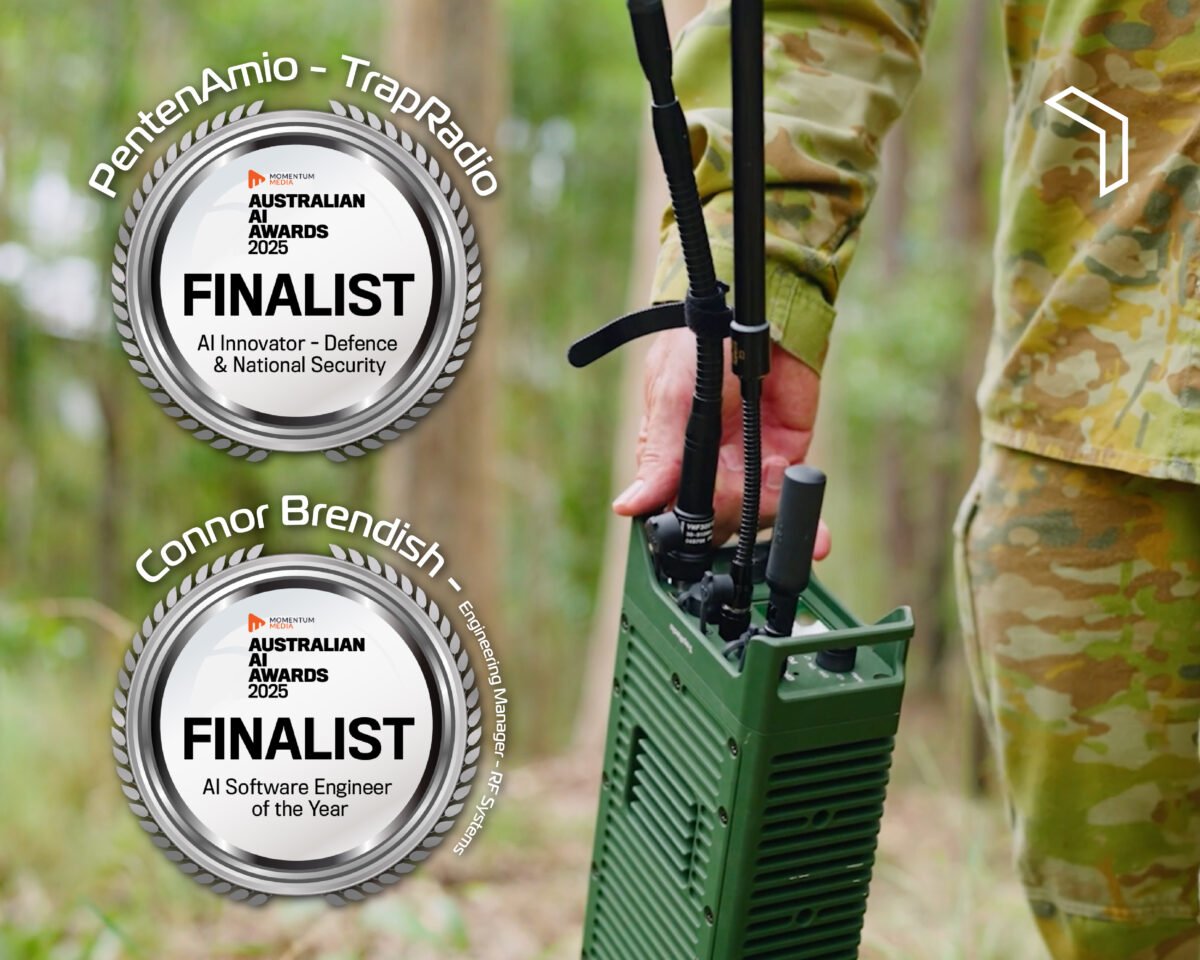 An image of PentenAmio's TrapRadio technology being held by a representative of Army, with finalist badges.