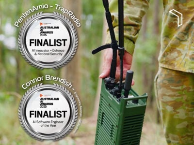 An image of PentenAmio's TrapRadio technology being held by a representative of Army, with finalist badges.
