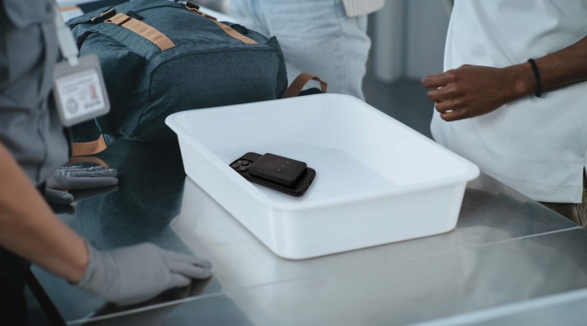 AltoGuard Relay in an airport scanner tray at an airport